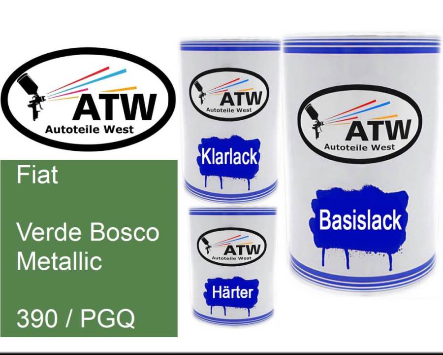 Fiat, Verde Bosco Metallic, 390 / PGQ: 500ml Lackdose + 500ml Klarlack + 250ml Härter - Set, von ATW Autoteile West.